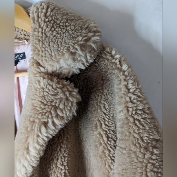Topshop Tan Brown Teddy Mid Length Oversized Cozy Jacket with Pockets Sz 4 - Picture 8 of 11